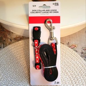 2 Piece Red & White Polka Dot Leash and Collar Set w/Striped Heart Bandana